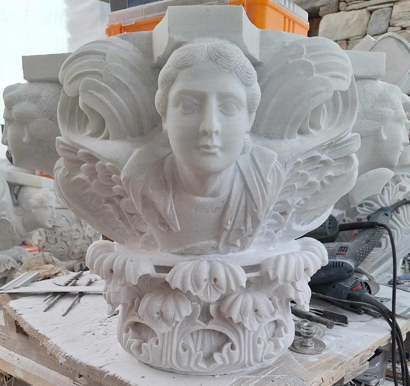 Capitals with Evangelists — marble sculpture by Irakli Athoneli, Mount Athos